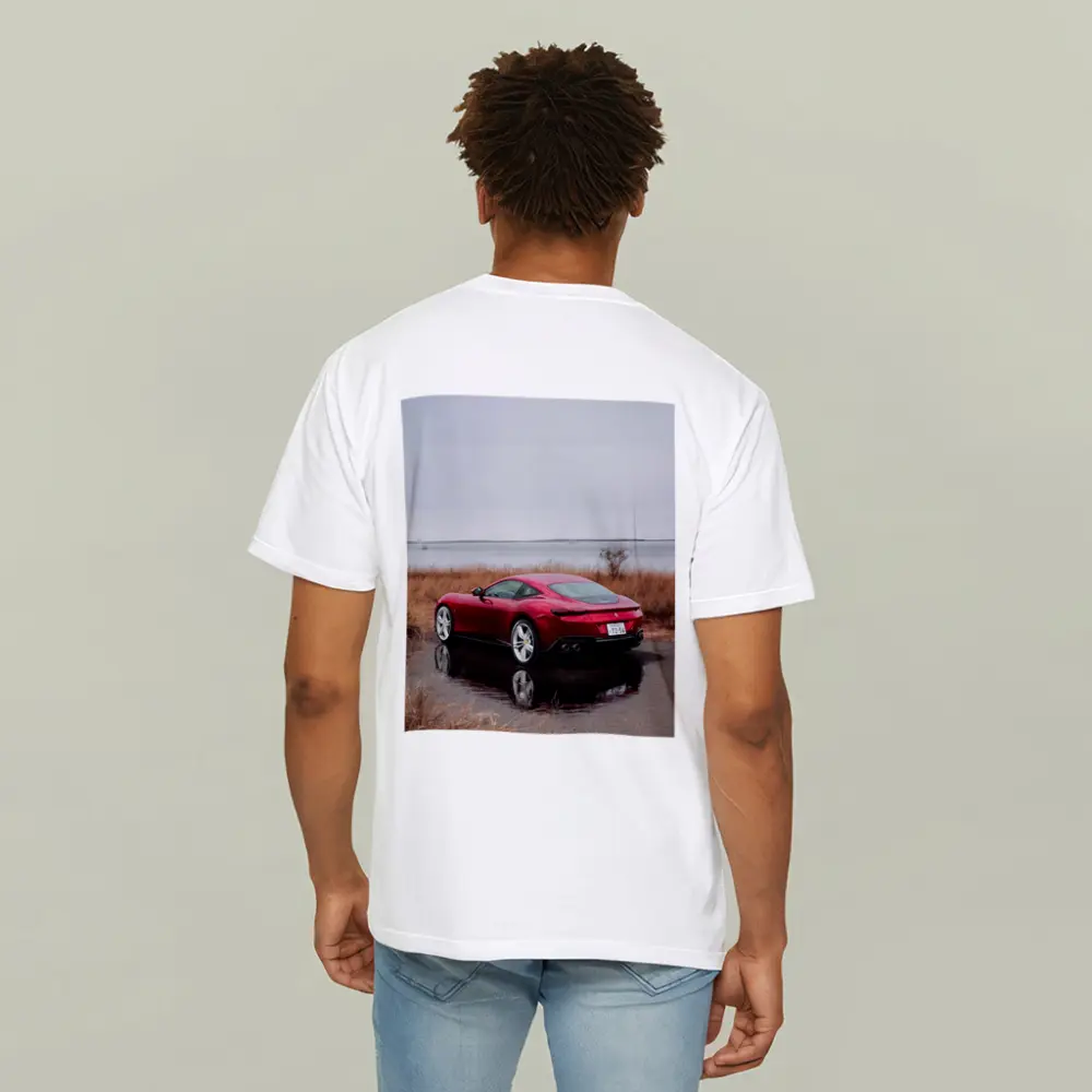 Ferrari Roma Red Coupe Lake Setting – T-Shirts