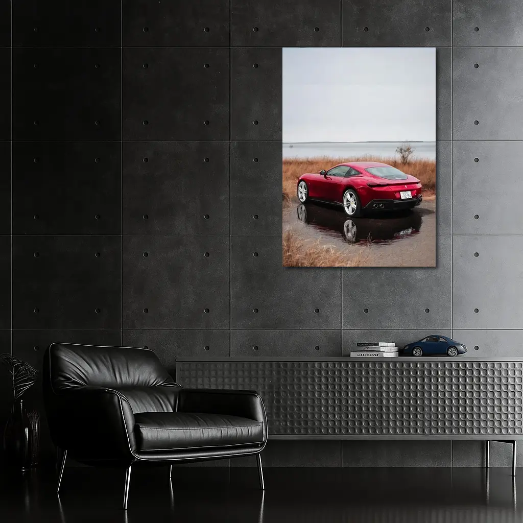 Ferrari Roma Red Coupe Lake Setting – Wall Art