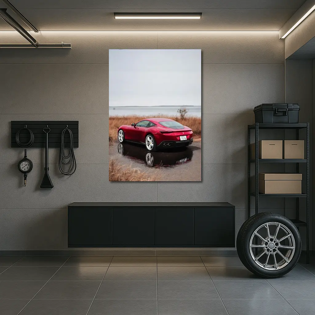 Ferrari Roma Red Coupe Lake Setting – Wall Art