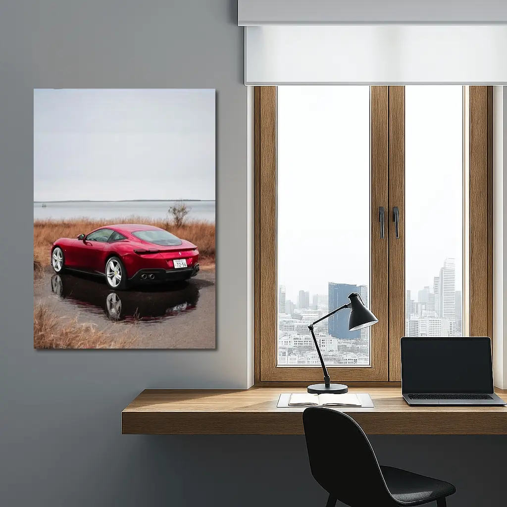 Ferrari Roma Red Coupe Lake Setting – Wall Art