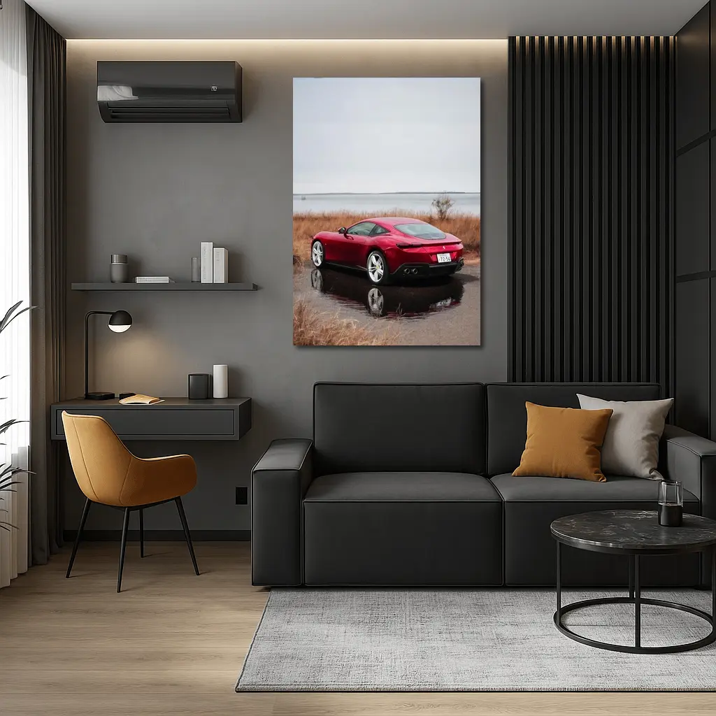 Ferrari Roma Red Coupe Lake Setting – Wall Art