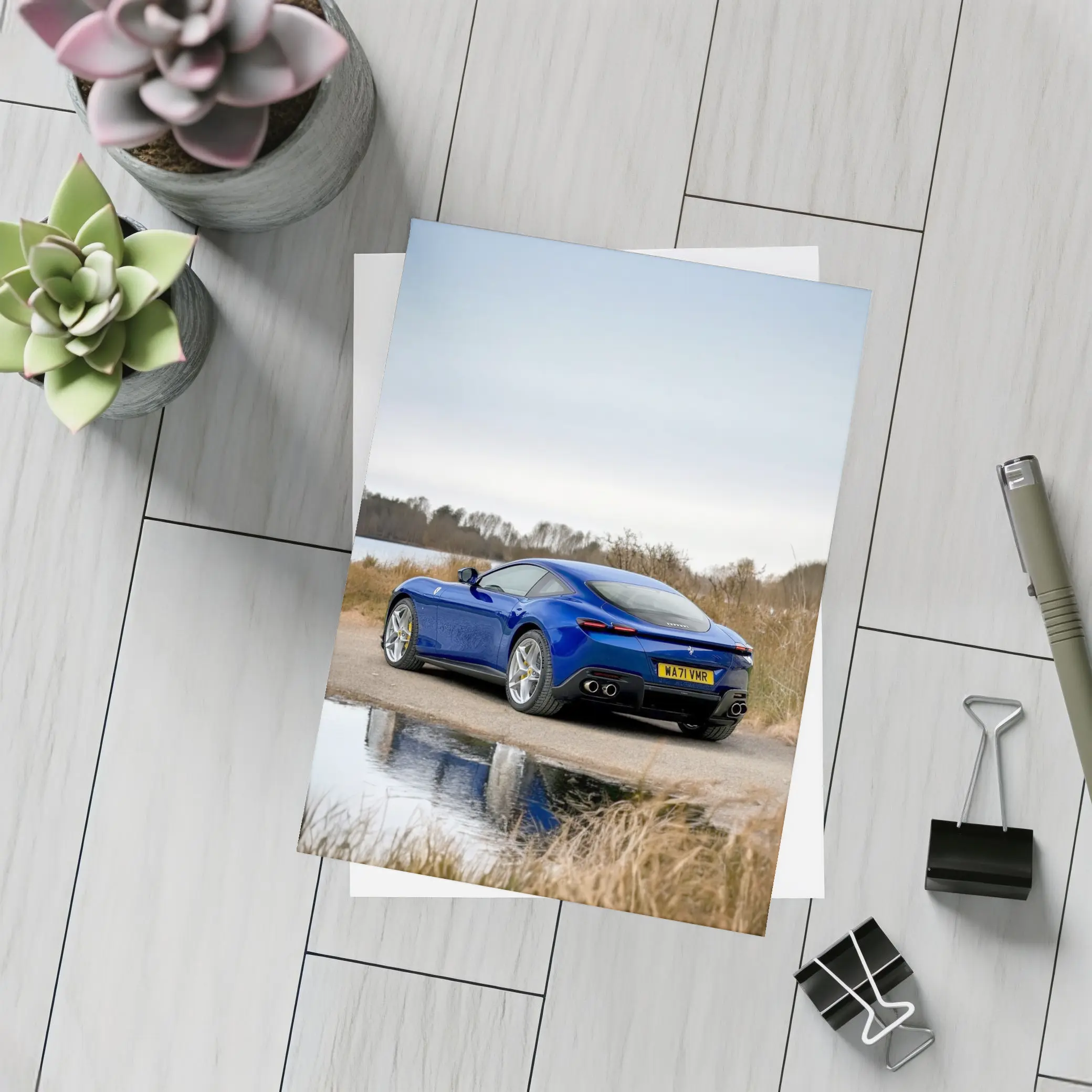 Ferrari Roma Blue Coupe by Lake – Postcards