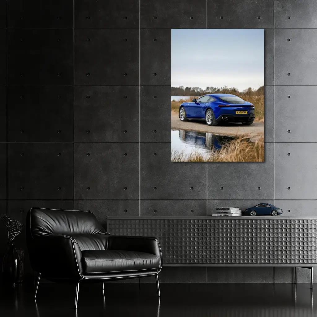 Ferrari Roma Blue Coupe by Lake – Wall Art