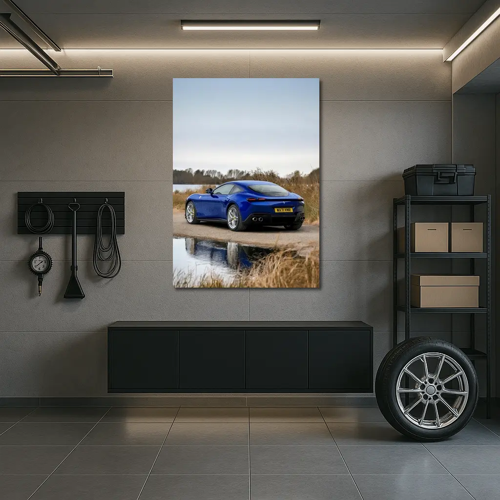Ferrari Roma Blue Coupe by Lake – Wall Art