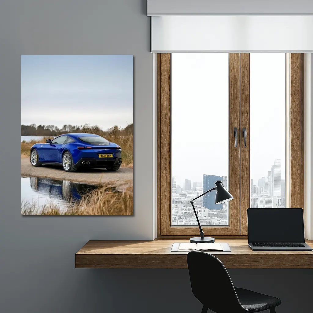 Ferrari Roma Blue Coupe by Lake – Wall Art