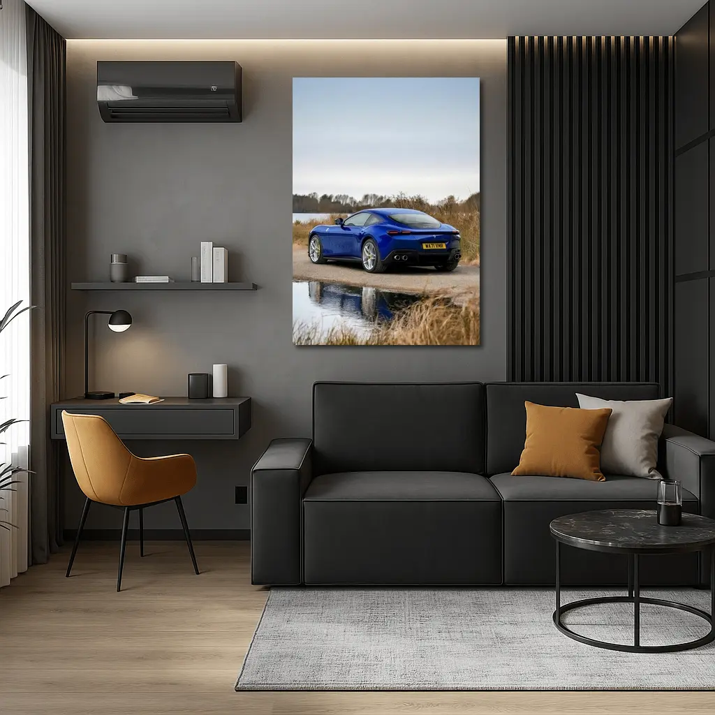 Ferrari Roma Blue Coupe by Lake – Wall Art
