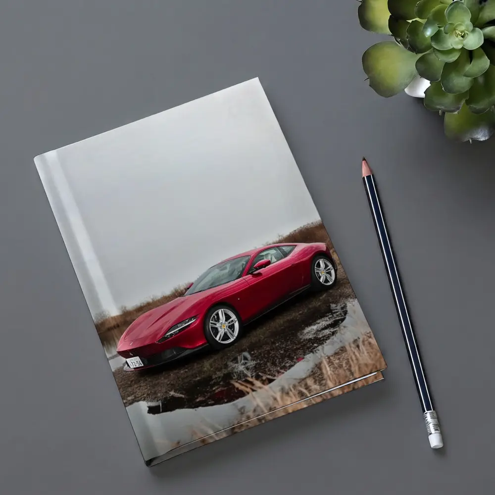 Ferrari Roma Red Sports Car Lake Setting – Notebooks