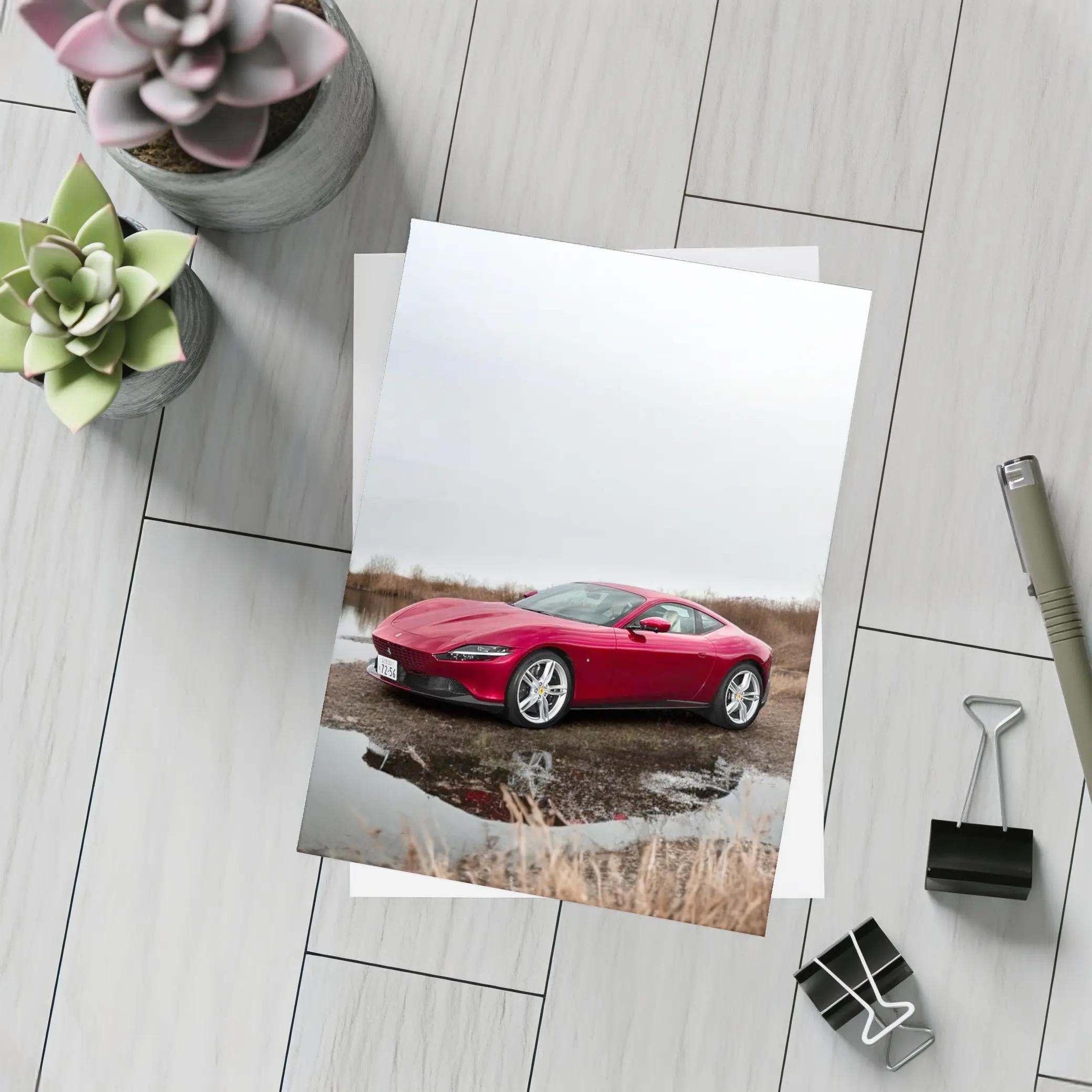 Ferrari Roma Red Sports Car Lake Setting – Postcards