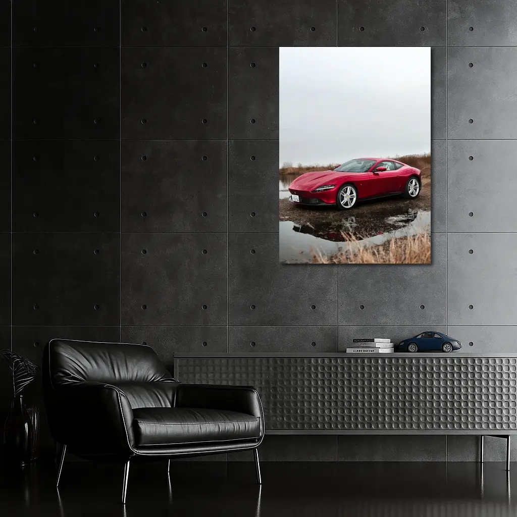 Ferrari Roma Red Sports Car Lake Setting – Wall Art