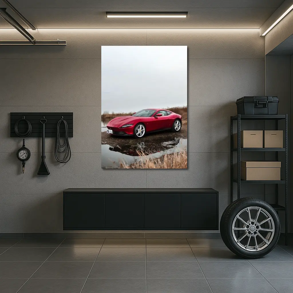 Ferrari Roma Red Sports Car Lake Setting – Wall Art