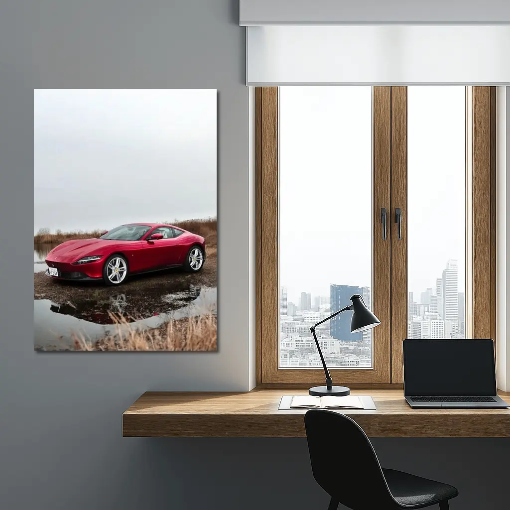Ferrari Roma Red Sports Car Lake Setting – Wall Art