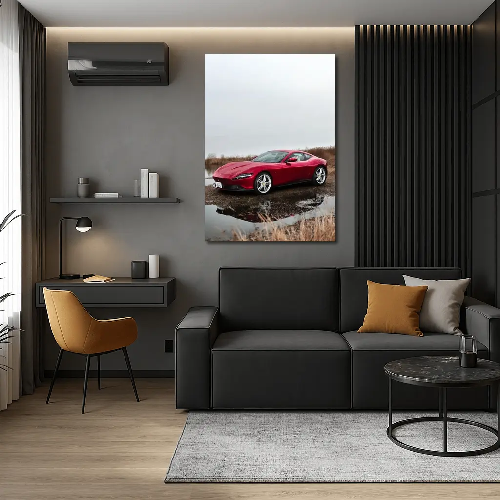 Ferrari Roma Red Sports Car Lake Setting – Wall Art