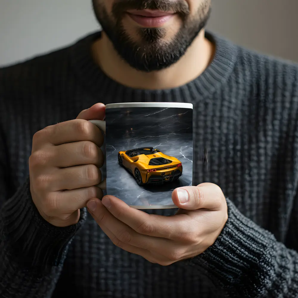 Ferrari SF90 Spider Yellow on Marble Floor – Mugs