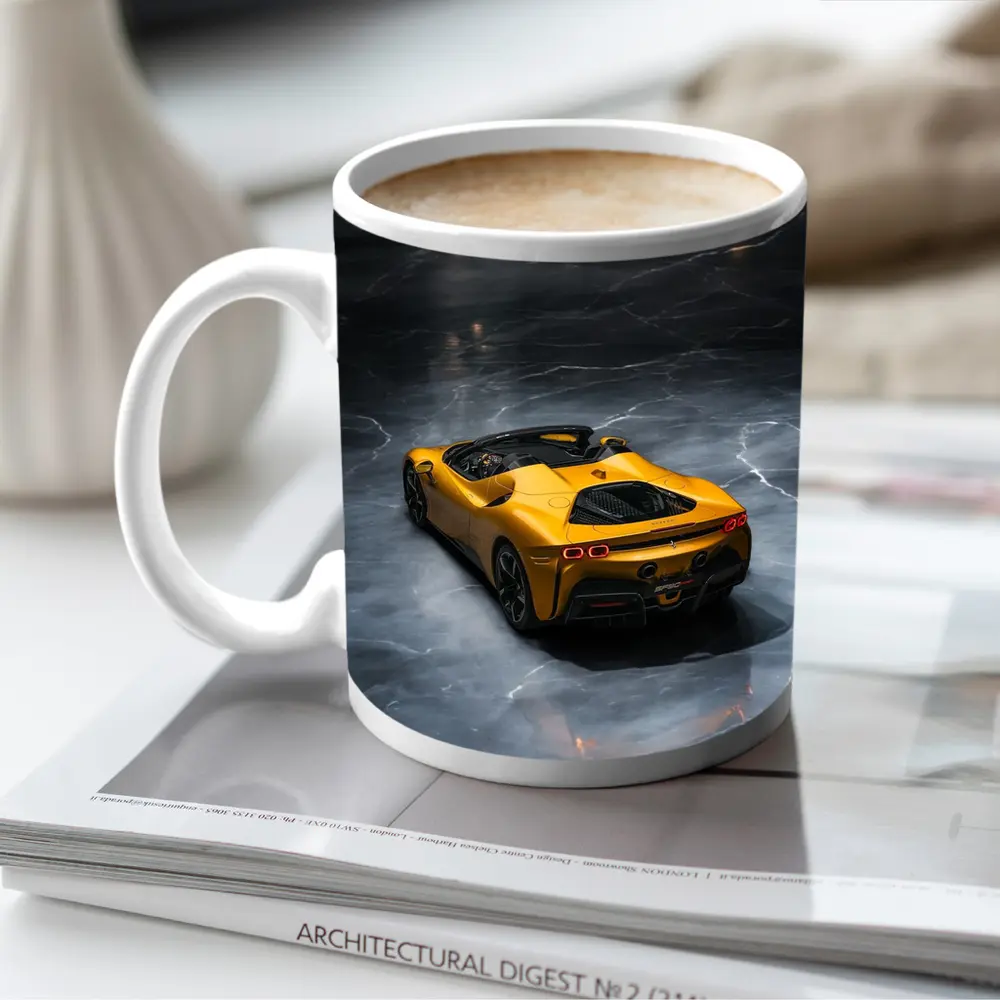 Ferrari SF90 Spider Yellow on Marble Floor – Mugs