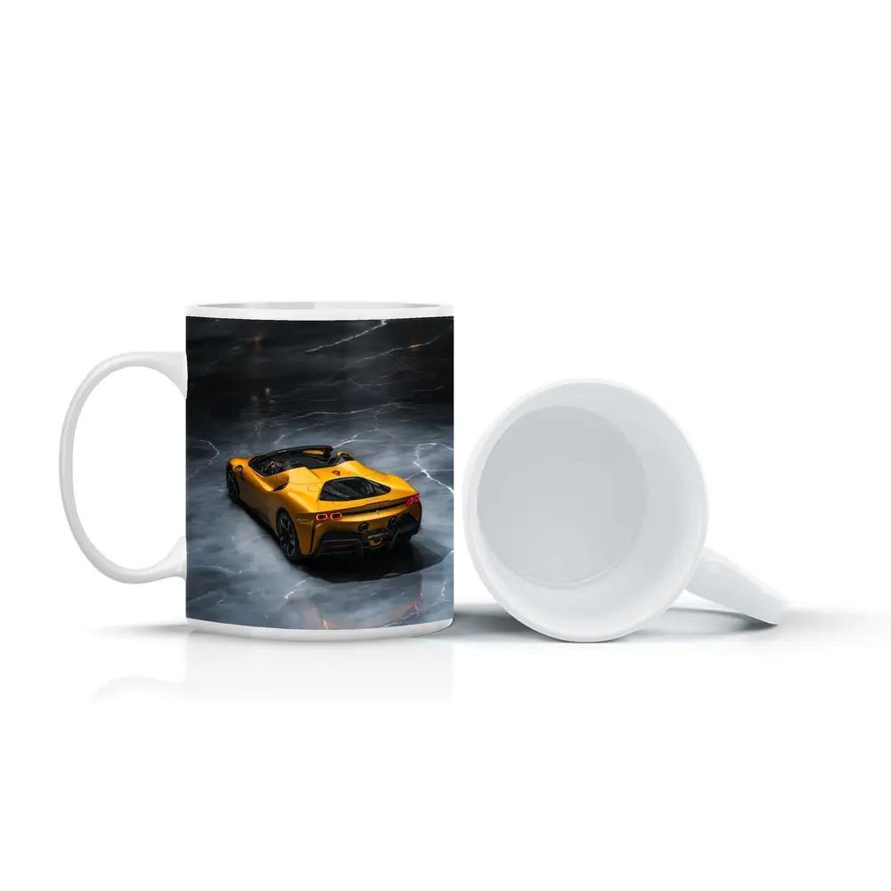 Ferrari SF90 Spider Yellow on Marble Floor – Mugs