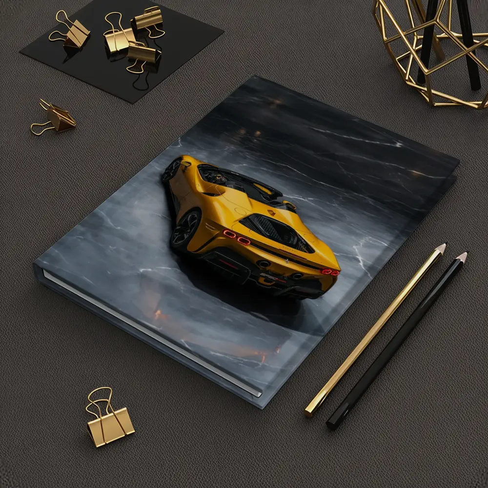 Ferrari SF90 Spider Yellow on Marble Floor – Notebooks