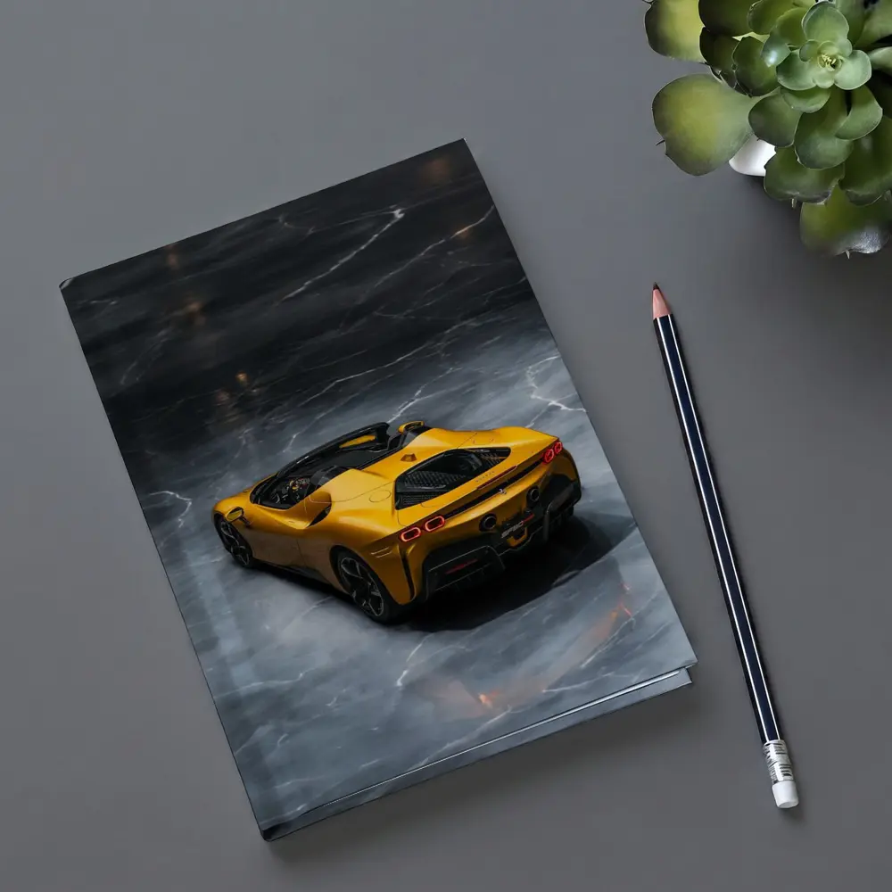Ferrari SF90 Spider Yellow on Marble Floor – Notebooks