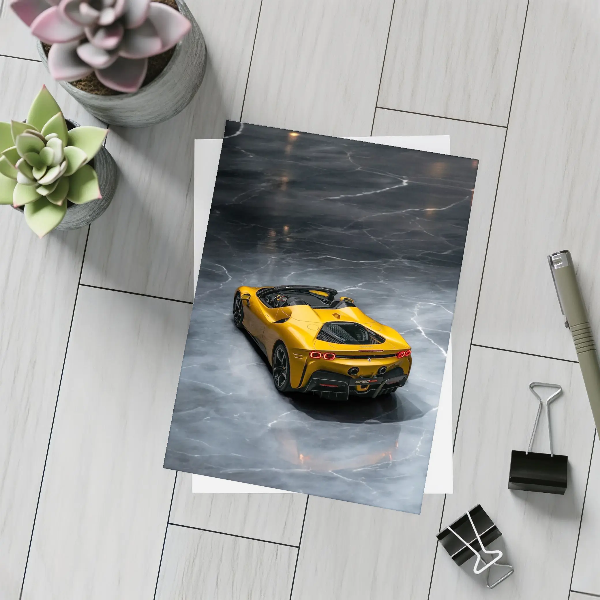 Ferrari SF90 Spider Yellow on Marble Floor – Postcards
