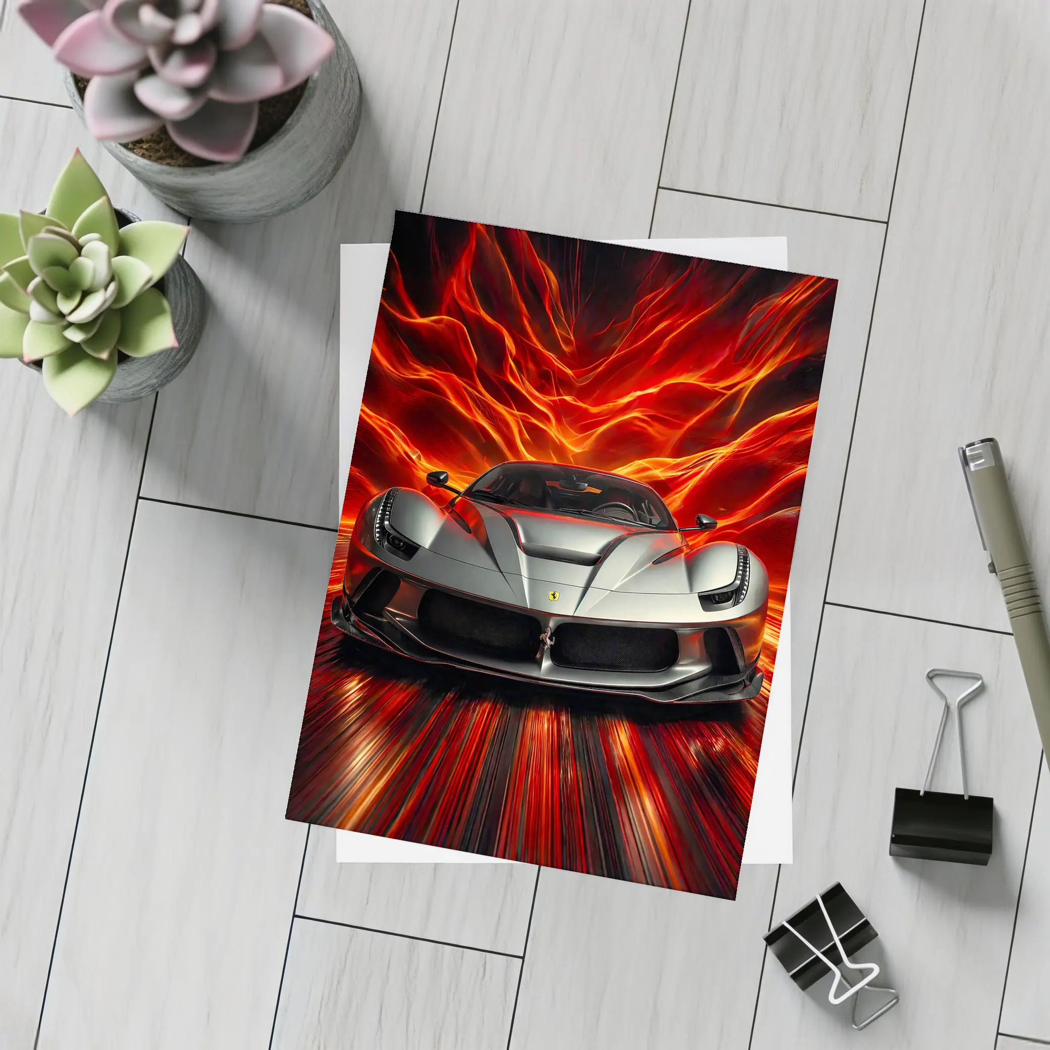 Ferrari LaFerrari Silver Fiery Red Background – Postcards