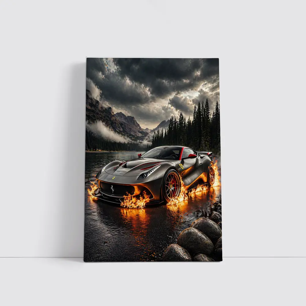 Ferrari F12 On Fire Mountain Lake – Wall Art