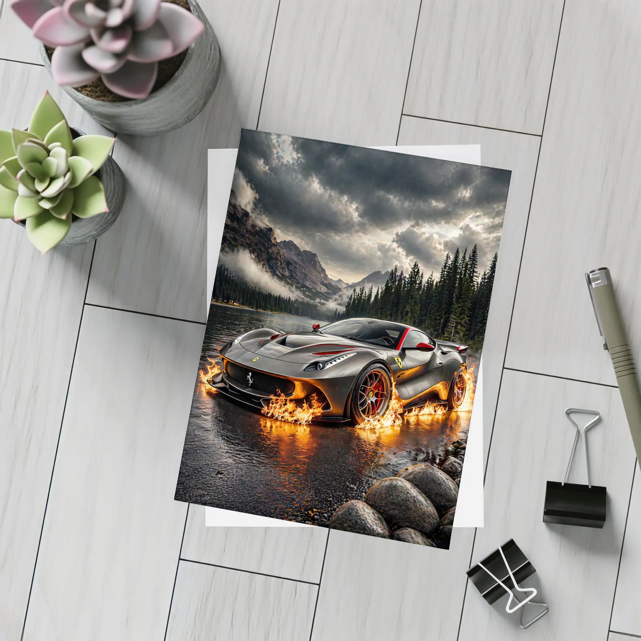 Ferrari F12 On Fire Mountain Lake – Postcards
