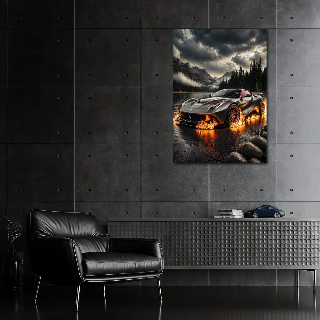 Ferrari F12 On Fire Mountain Lake – Wall Art