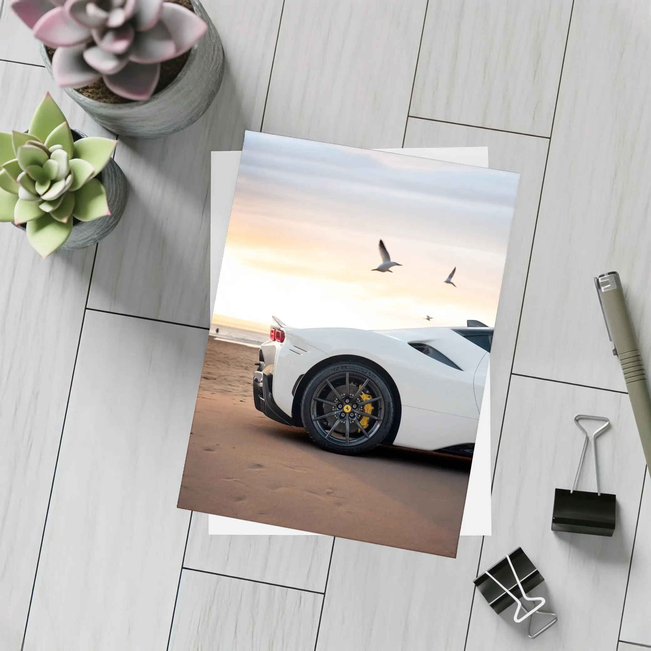 Ferrari SF90 Stradale White Beach Sunset – Postcards