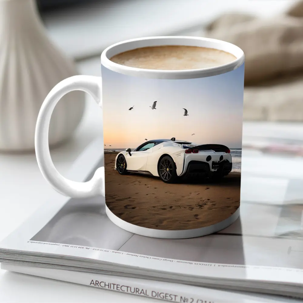 Ferrari SF90 Stradale White Beach Sunset – Mugs