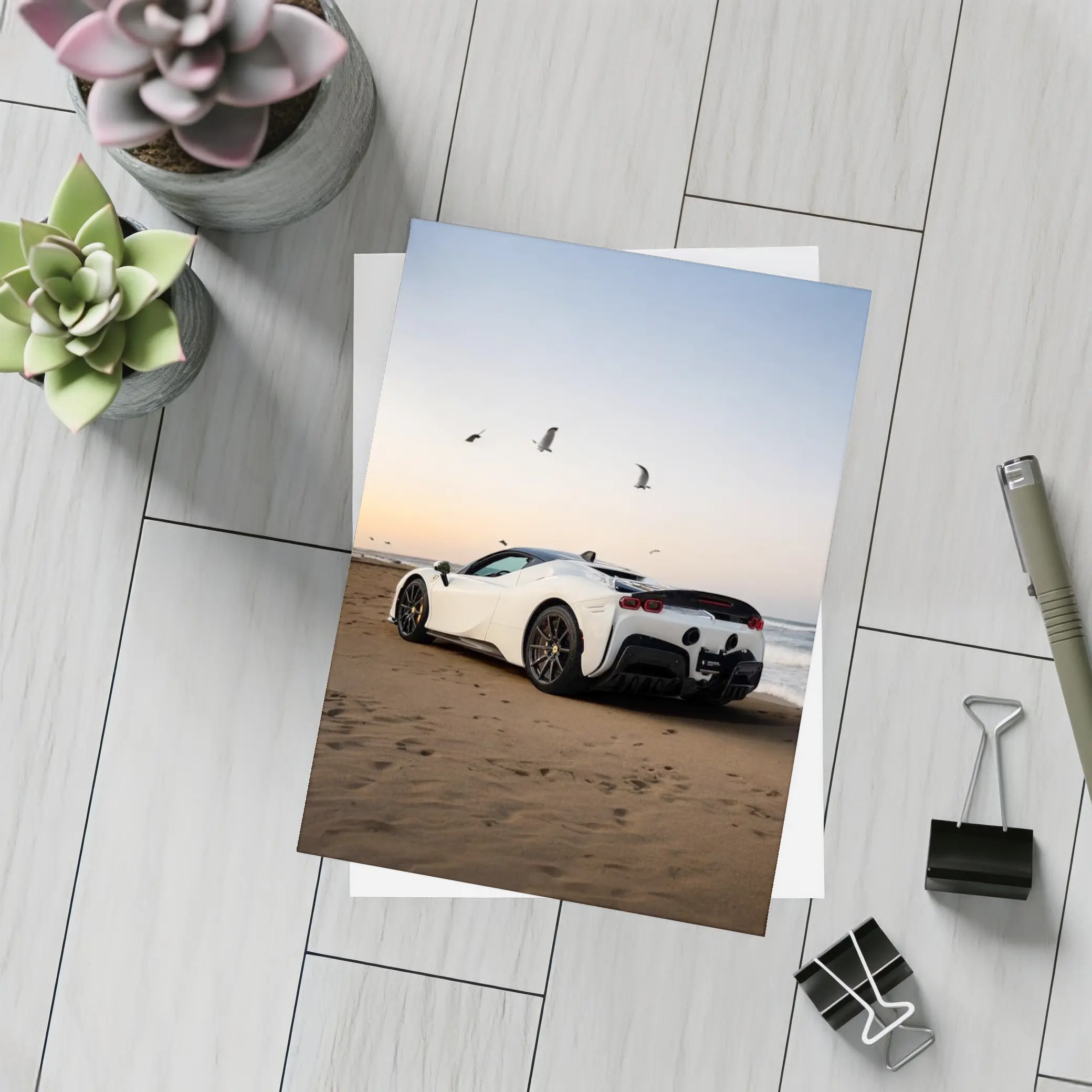 Ferrari SF90 Stradale White Beach Sunset – Postcards