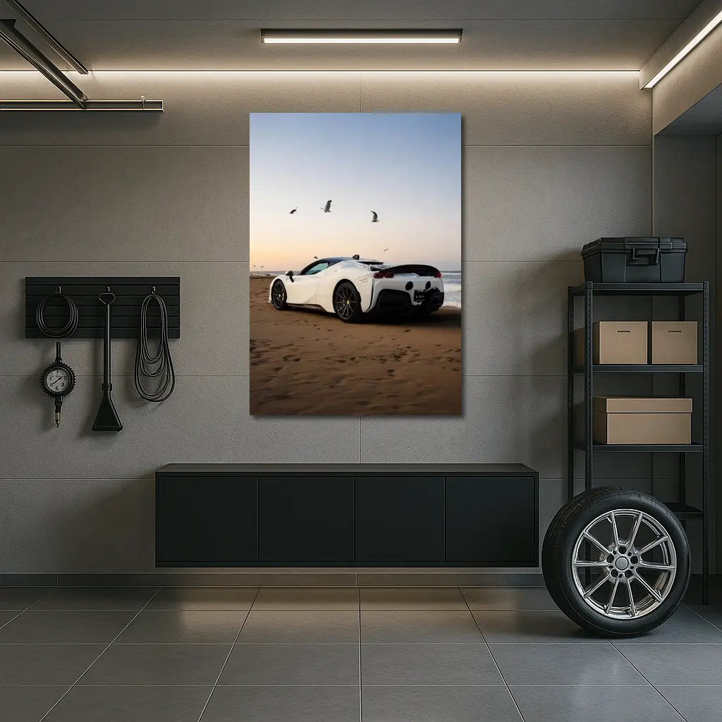 Ferrari SF90 Stradale White Beach Sunset – Wall Art