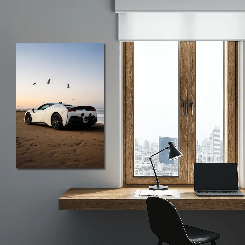 Ferrari SF90 Stradale White Beach Sunset – Wall Art