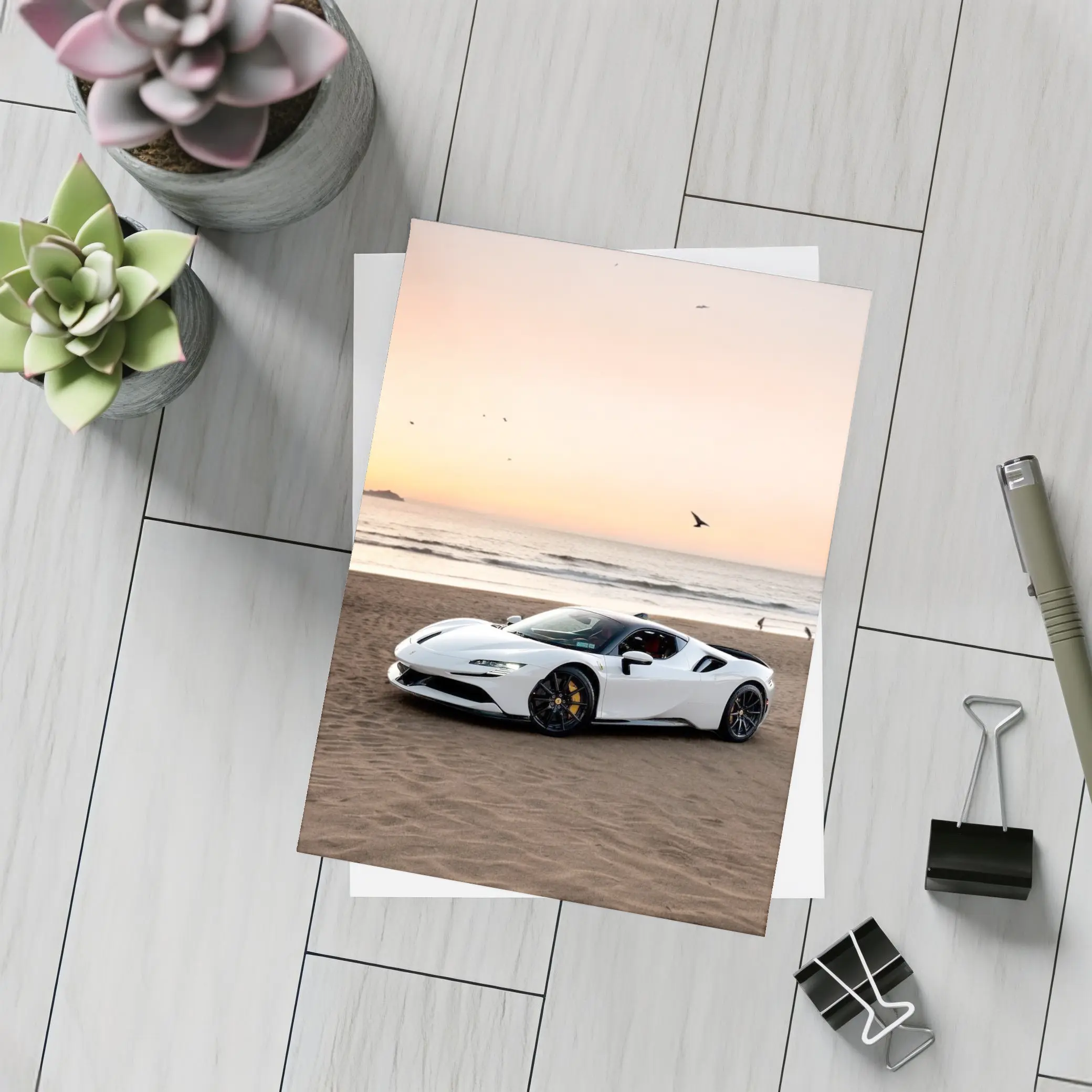 Ferrari SF90 Stradale White Beach Sunset – Postcards