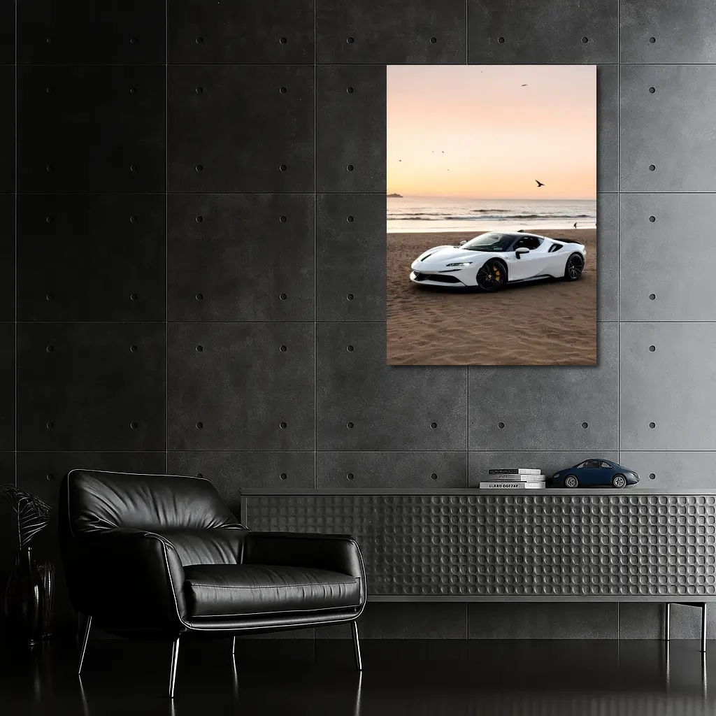 Ferrari SF90 Stradale White Beach Sunset – Wall Art