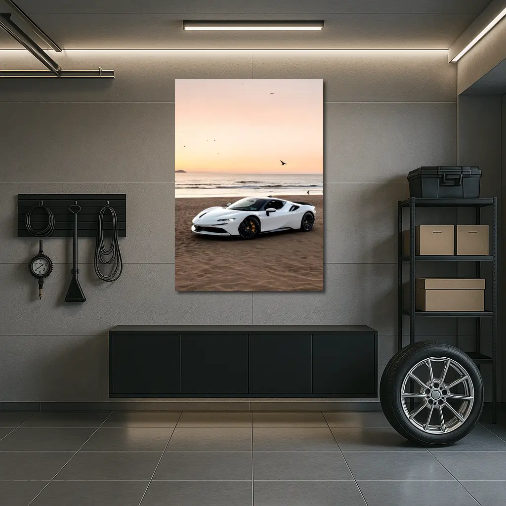Ferrari SF90 Stradale White Beach Sunset – Wall Art