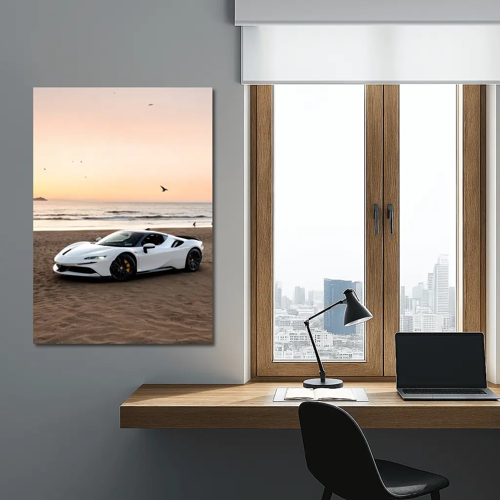 Ferrari SF90 Stradale White Beach Sunset – Wall Art