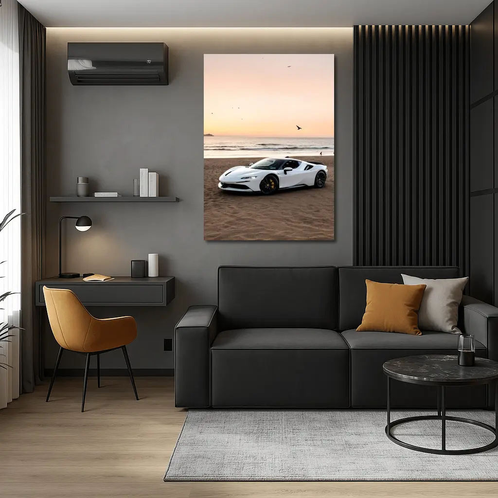 Ferrari SF90 Stradale White Beach Sunset – Wall Art