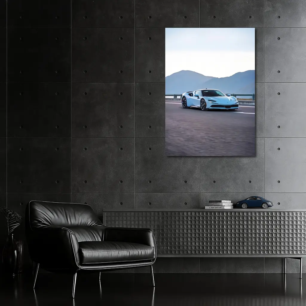 Ferrari SF90 Stradale Light Blue Mountain Road – Wall Art