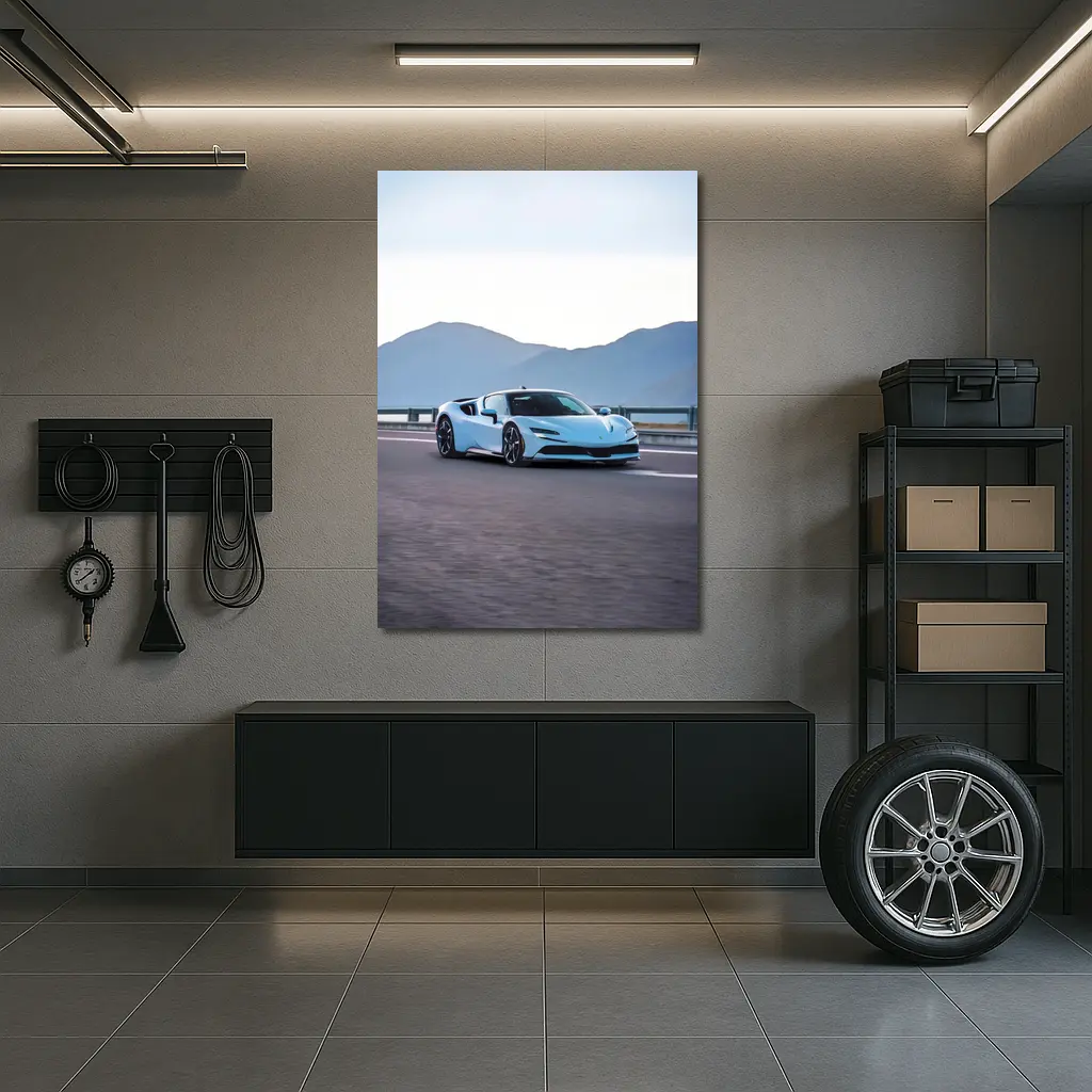 Ferrari SF90 Stradale Light Blue Mountain Road – Wall Art