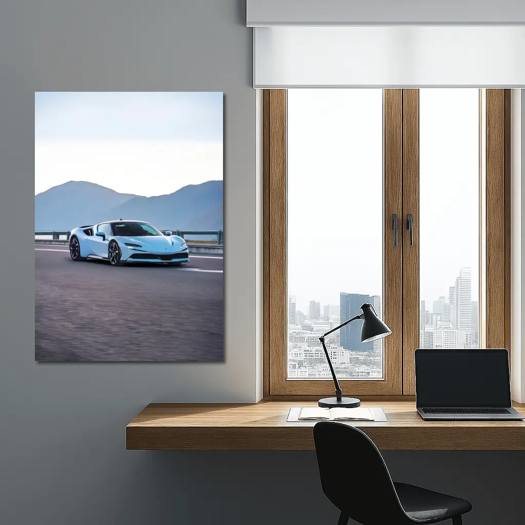 Ferrari SF90 Stradale Light Blue Mountain Road – Wall Art