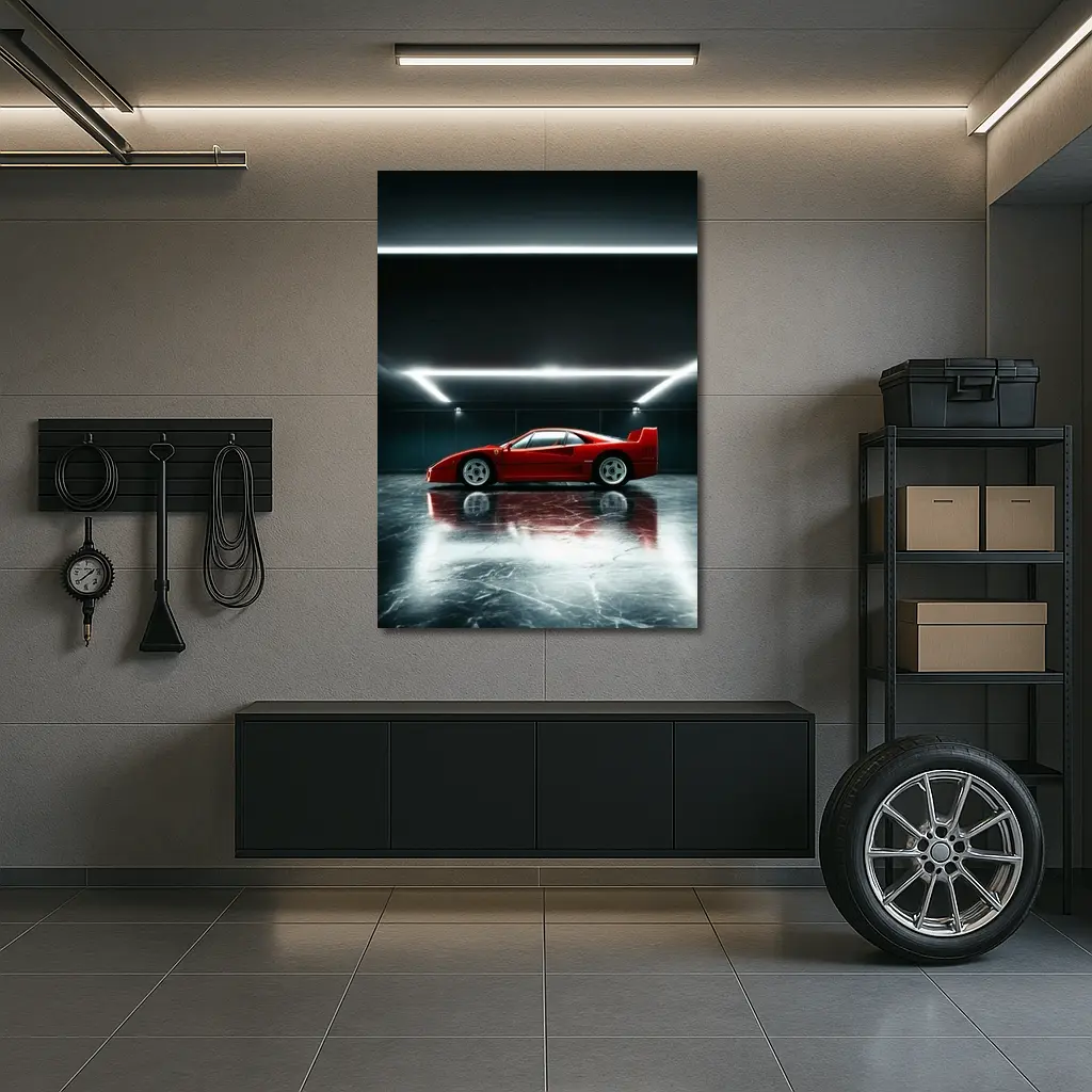Ferrari F40 Red Supercar Dark Garage – Wall Art