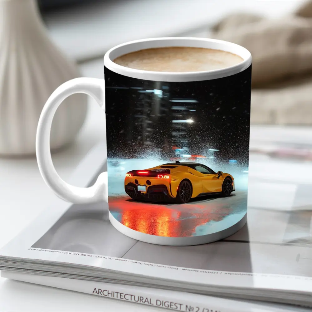 Ferrari SF90 Stradale Yellow Snowy Night City – Mugs
