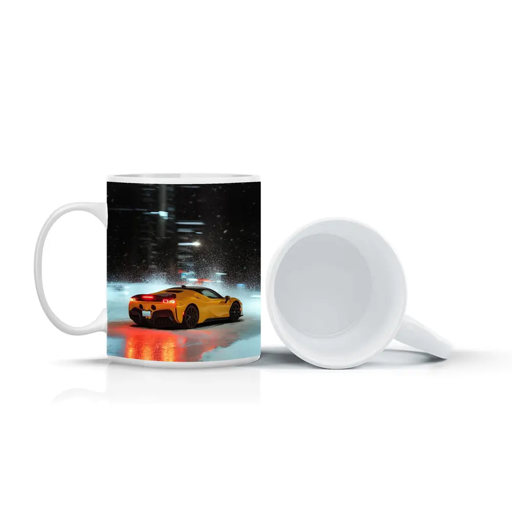 Ferrari SF90 Stradale Yellow Snowy Night City – Mugs