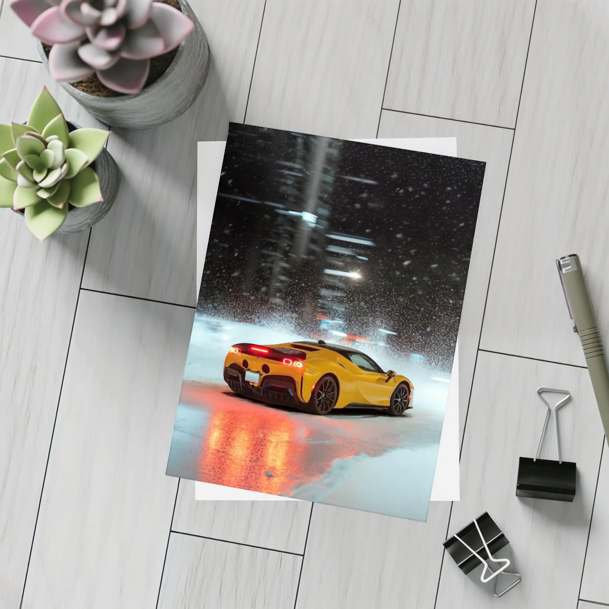 Ferrari SF90 Stradale Yellow Snowy Night City – Postcards
