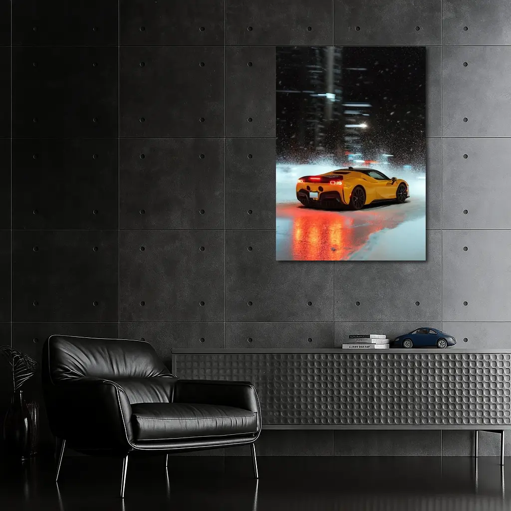 Ferrari SF90 Stradale Yellow Snowy Night City – Wall Art