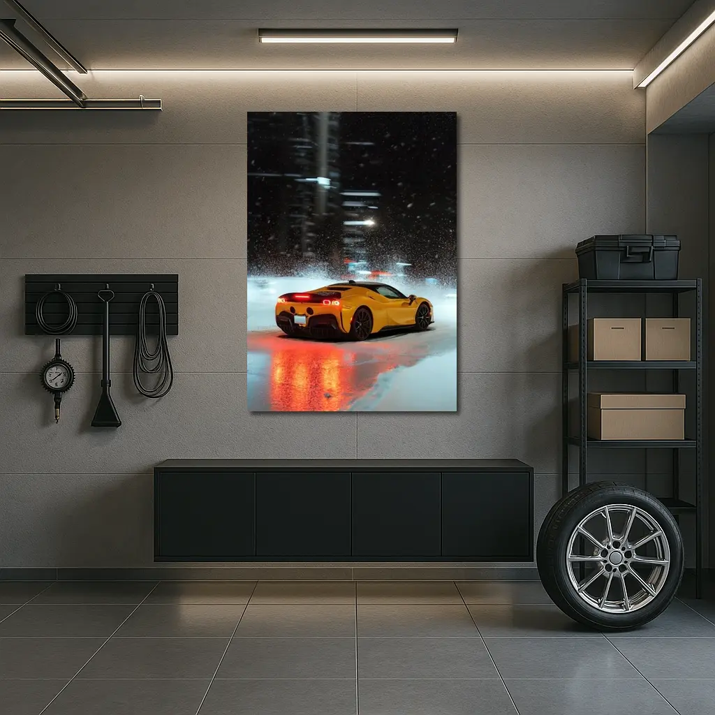 Ferrari SF90 Stradale Yellow Snowy Night City – Wall Art