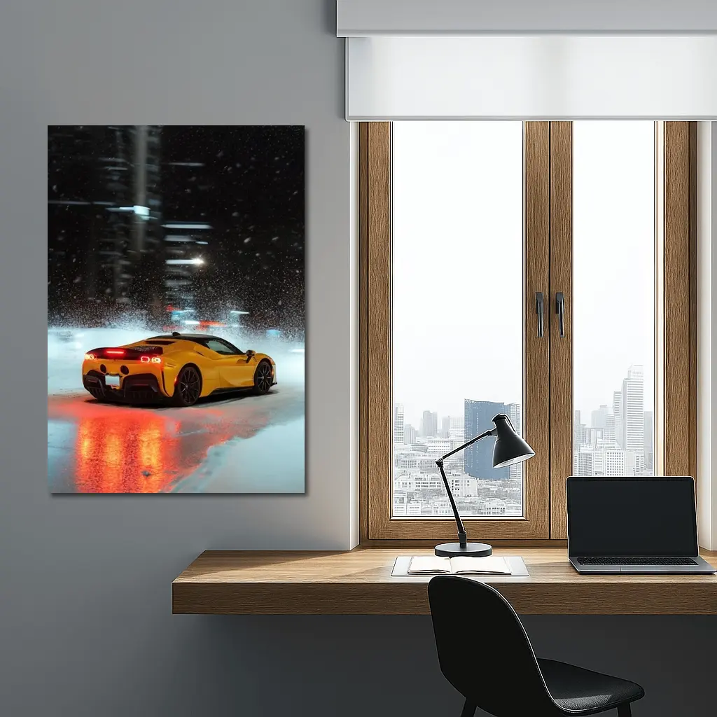 Ferrari SF90 Stradale Yellow Snowy Night City – Wall Art