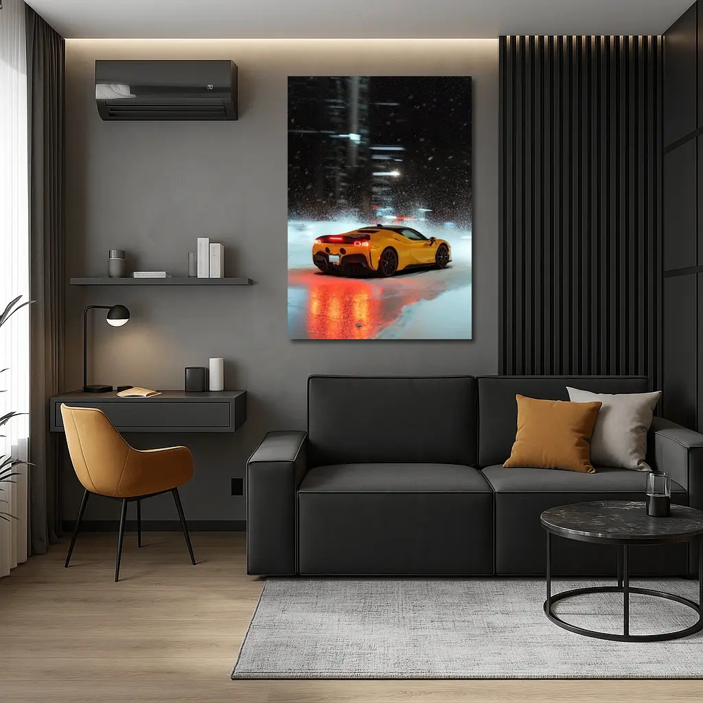 Ferrari SF90 Stradale Yellow Snowy Night City – Wall Art