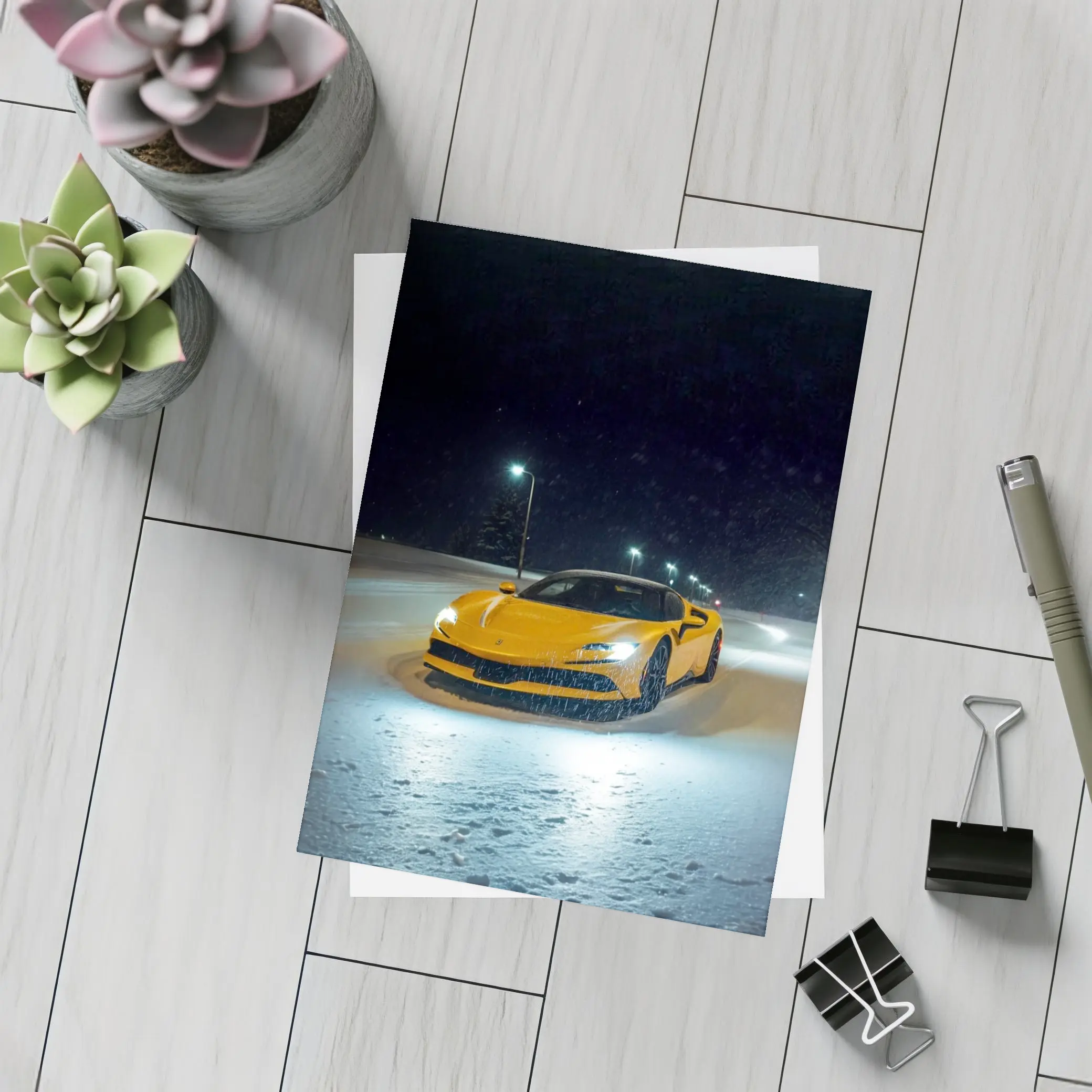 Ferrari SF90 Stradale Yellow Snow Night – Postcards