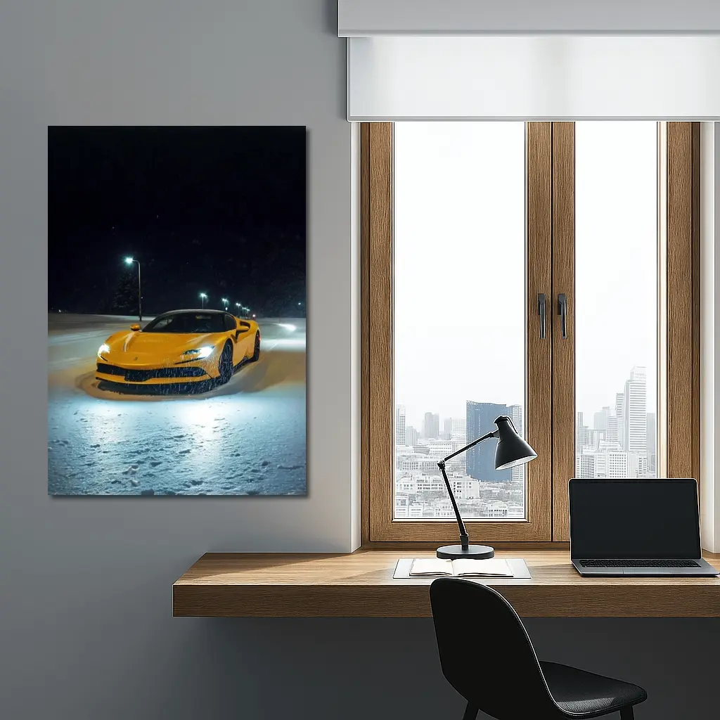 Ferrari SF90 Stradale Yellow Snow Night – Wall Art