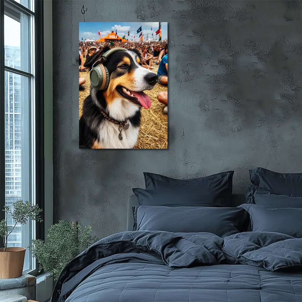 Australian Shepherd Dog Wearing Headphones Music Festival – Wall Art